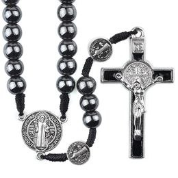 Chokers Sint-Benedictus Cording Rozenkrans 8mm Hematiet Kralen Religieuze Kruisketting Katholieke Zwart Geweven Rozenkransen 231010