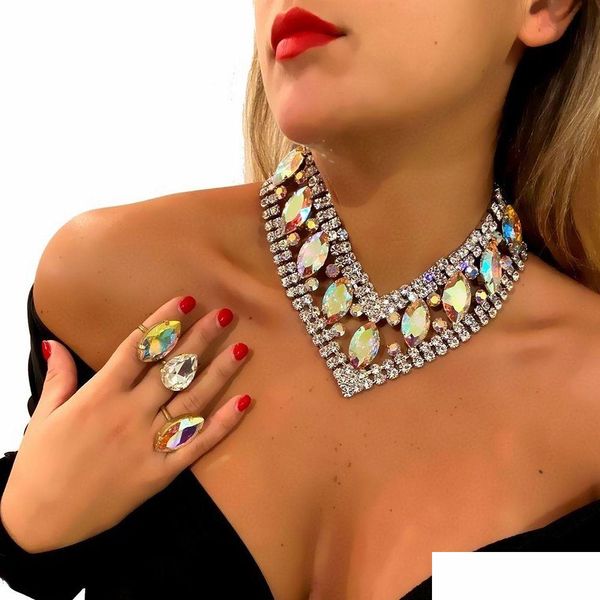 Colliers Stonefans AB couleur strass V forme collier ras du cou pour femmes accessoires d'été déclaration cristal luxe bijoux goutte Deli Dhuf9