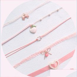 Chokers Sweet Pink Lace Veet Choker Kettingen Bowknot Heart Pearl Bead Pendanten Kraag Chokers sleutelbeen ketting Girly Har Bdejewelry Dhuw7