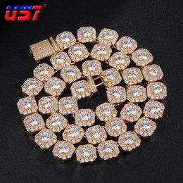 Gargantilhas US7 11mm Clustered Diamond Tennis Chain em Ouro Branco CZ Pedra Cubic Zircon Box Fecho Colares para Homens Jewelry187E