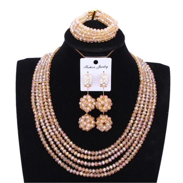 Chokers Bijoux de mariage Set Bridal Jewelry Gold Champagne Africain Nigérian Bijoux Perles Set 3 pièces Collier Boucles d'oreilles Boucles d'oreilles