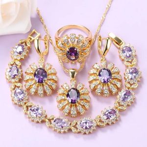 Collier et boucles d'oreilles de mariage pour femmes, grands ensembles de bijoux, accessoires de fleurs de couleur dorée, bracelet et bague en cristal violet