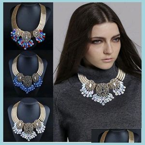 Sautoirs Style Occidental Chunky Collier Ras Du Cou Bijoux De Mode Alliage Strass Cristal Fleur Goutte D'eau Pendentif Vente Blanc Bleu Goutte Dhqac