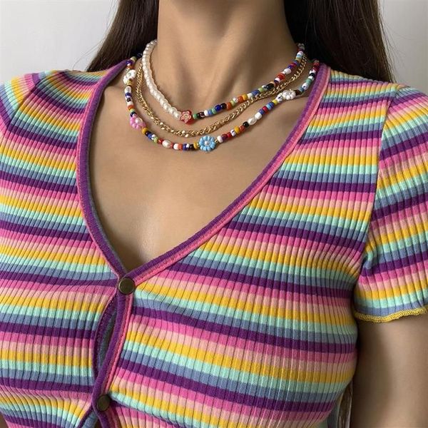 Sautoirs merveilleux collier de perles d'imitation à trois couches pour femmes dames fleur colorée perlée accessoires à la mode 266E