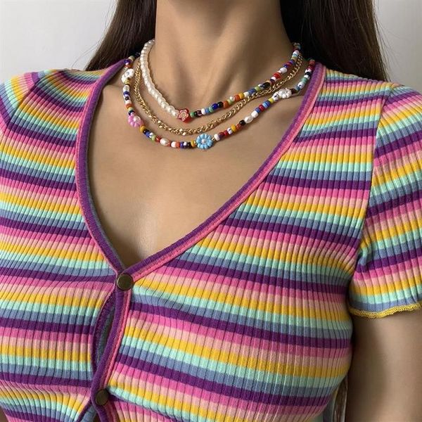 Sautoirs merveilleux collier de perles d'imitation à trois couches pour femmes dames fleur colorée perlée accessoires à la mode 253y