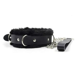 Woogge Collier de cou en cuir véritable noir réglable avec laisse de chaîne en fausse fourrure doublée D collier ras du cou accessoires pour animaux de compagnie 230927