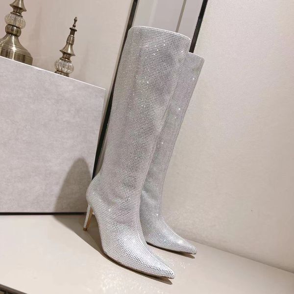 Choo Botas hasta la rodilla de gamuza con adornos de cristal Stilettos Botas hasta la rodilla con diamantes de imitación Cena de temperamento Zapatos de fábrica de zapatos de diseñador para mujer con caja