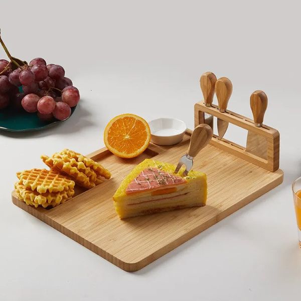 Blocs à découper planche à fromage en bambou, ensemble avec porte-couteau carré en bois, 4 couteaux en acier inoxydable, assiette à Dessert 231216