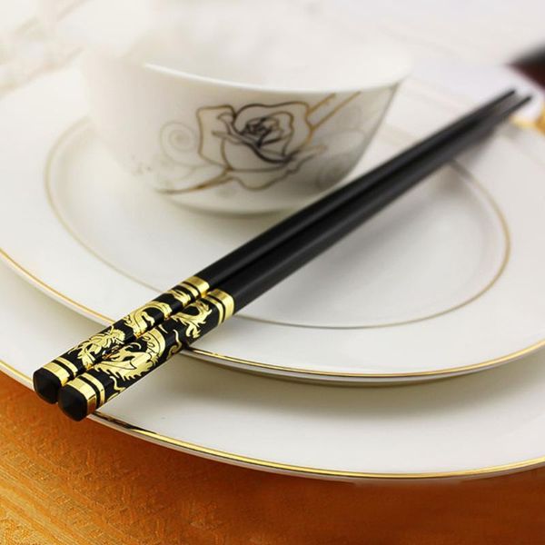 Palillos 1 par 27 cm oro dragón Fénix chino japonés antideslizante aleación Sushi Chop Sticks Set Gift1