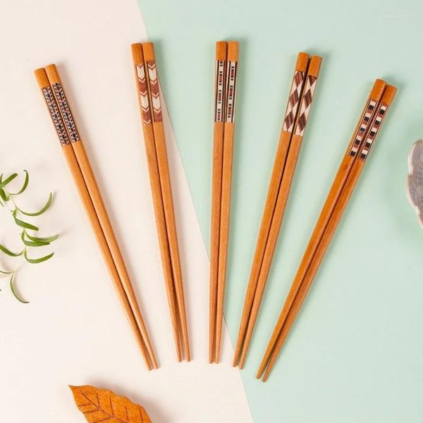 1 par de palillos chinos de madera Natural hechos a mano de estilo japonés Japón/China para comer palillos con barras de patrón Teableware