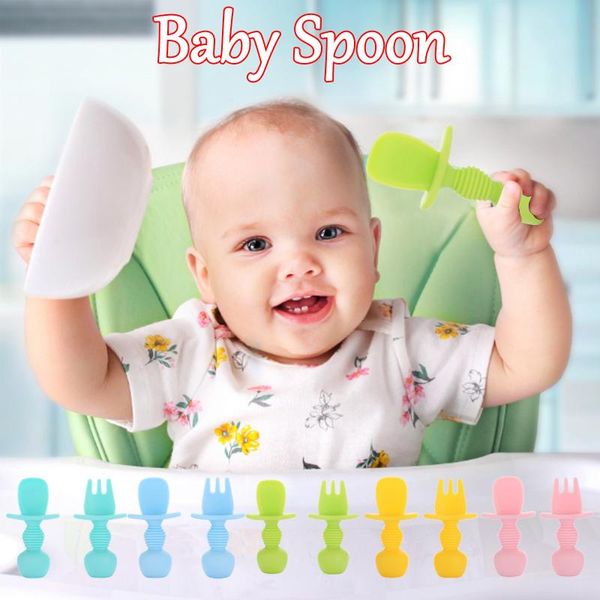Baguettes 2 pièces/paquet cuillère à manche court + fourchette ensemble couleur unie cuillère d'entraînement pour bébé sécurité PP vaisselle pour enfants vaisselle mignonne rose