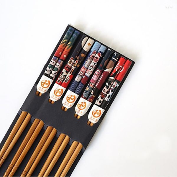 Palillos, 5 pares de palillos, estilo coreano japonés, bambú, reutilizable, Natural, Pizza, fideos, herramienta, juego de vajilla