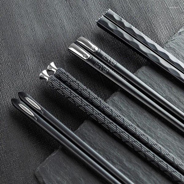 Palillos 5 par/lote aleación de acero inoxidable grabado láser borde cuadrado antideslizante reutilizable palitos de Sushi Hashi paquete de regalo hecho a mano