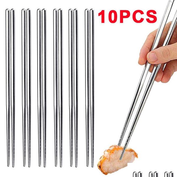 Palillos 5 pares Conjunto de acero inoxidable Reutilizable Antideslizante Chino para sushi Comida Hogar Cocina Vajilla Suministros Drop Entrega Ho Dhgzu