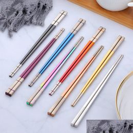 Chopsticks niet -slip kleur laser vierkant eetstokjes Japanese sushi zwart 304 roestvrij staal Chinees restaurant chopstick drop levering dhksr