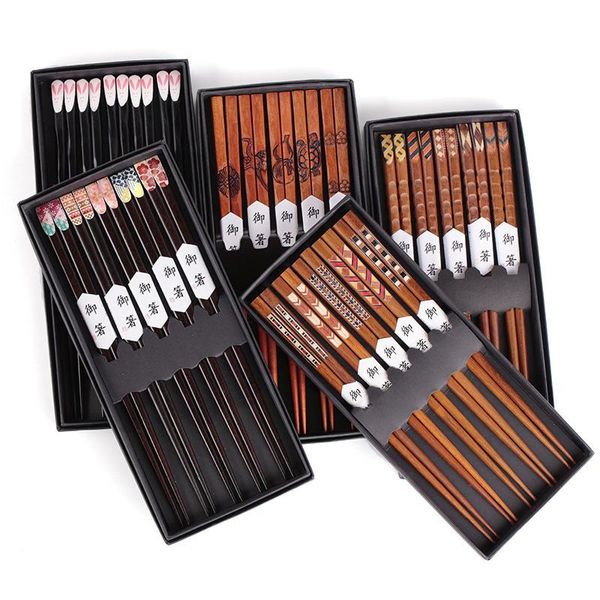 Palillos Vintage juego de madera Simple Indonesia hierro madera Chop Sticks negro caja de regalo cinco pares vajilla niños portátil Natural