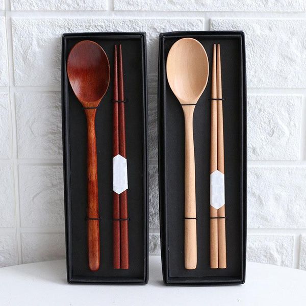 Palillos Juego de cucharas de madera Caja de regalo portátil Vajilla de mango largo Suministros de cocina coreanos