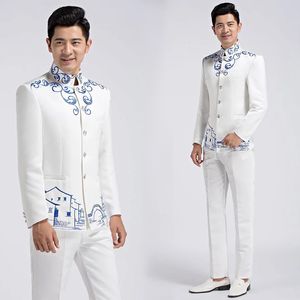 Choral Uniform Mode Jonge Man Chinese Stijl Pakken Bruiloft Stand Kraag Tang Kleding Mannelijke Zhong Shan Suits Jas + Broek Tang Pakken