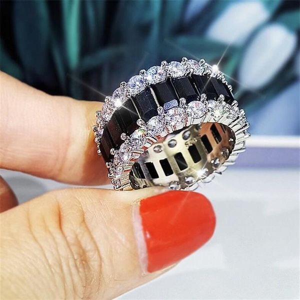 Choucong Marca Joyería de lujo hecha a mano Anillos de boda Plata de ley 925 Corte princesa Zafiro negro CZ Diamante Piedras preciosas Eternity234C