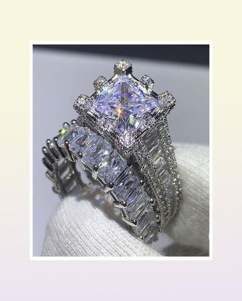 Choucong Brand New Vintage Fashion Jewelry 925 STERLING Silver Princess Cut White Topaz CZ Diamond Women Wedding Bridal Ring Set G9294314