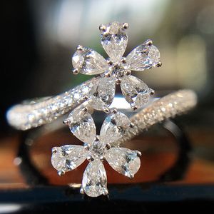 Choucong Brand Wedding Rings Luxe sieraden ins Top verkopen 925 Sterling Silver Water Drop 5a Cubic Zirkon CZ Diamond Gemstones vrouwen Open verstelbaar bloemenringcadeau