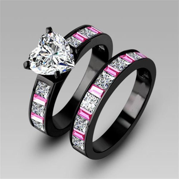 Choucong compromiso rosa zafiro diamante 10KT oro negro lleno 2-en-1 mujeres boda anillo conjunto Sz 5-11 Gift268y