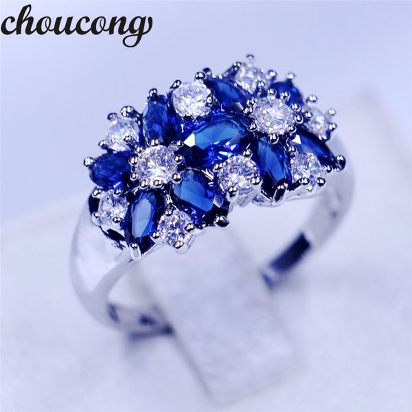 Choucong fleur bijoux femmes 925 bague en argent sterling bleu pierre de naissance diamant fiançailles bague de mariage anneaux pour les femmes cadeau