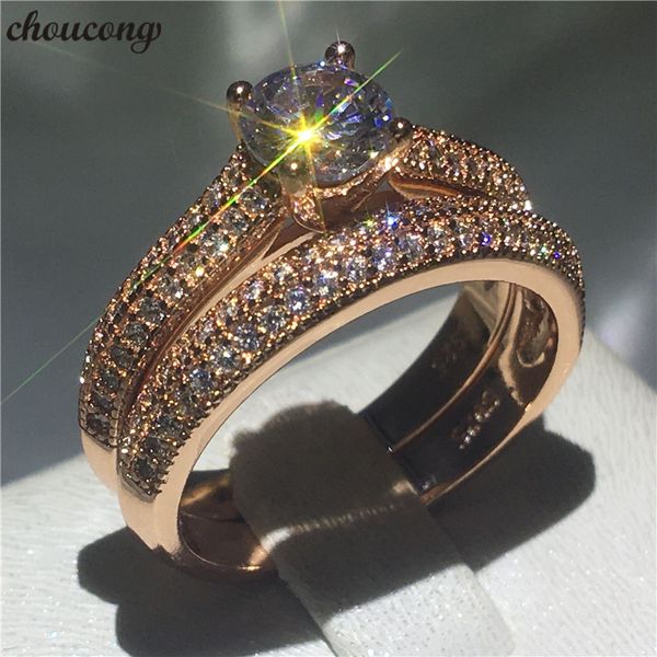 Choucong Genuine 6mm Diamond Ring Set Rose Gold Filled 925 Silver Compromiso Anillos de boda para mujer Joyería