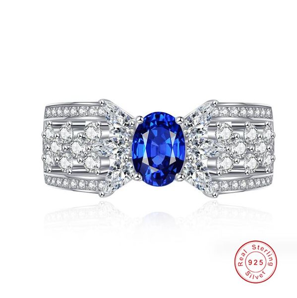 Choucong Ins anneaux de mariage bijoux de luxe solide pur 100% argent Sterling 925 coupe ovale bleu saphie Moissanite diamant fête femmes bague de mariée pour cadeau d'amant