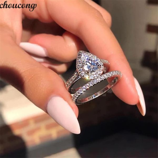 choucong Lovers Promise Ring set Poire coupe 5A Zircon Stone 925 Sterling Silver Engagement Wedding Band Anneaux pour femmes Bijoux