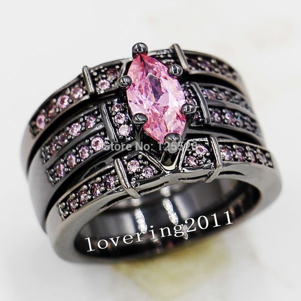 Choucong Marquise taille pierre rose 5A Zircon pierre 14KT or noir rempli 3 bague de mariage ensemble Sz 5-11 cadeau