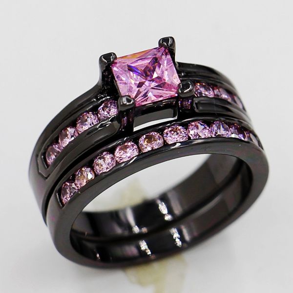 choucong Belle pierre noire 5A Zircon pierre 10KT Noir Or Rempli 2 Alliance Bague Ensemble Sz 5-11 Cadeau Livraison gratuite