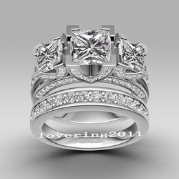 Choucong Princess Cut Three-stone 8ct Steen Diamond 925 Sterling Silver Women Engagement Wedding Band Ring Set