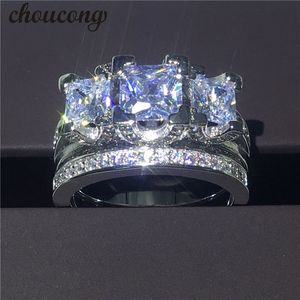 Choucong Princess Cut Three-stone Diamonique Diamond 925 Sterling Silver Engagement Wedding Band Ring Set voor Dames Mannen Houd van Gift