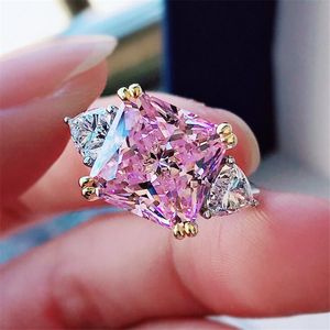 Choucong Cóctel único Anillos de boda Joyería de lujo Plata de ley 925 Corte radiante Topacio rosa Moissanite Diamante Piedras preciosas Eternidad Mujeres Anillo de compromiso