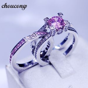 choucong vrouwen bruiloft bruids sets ring 3ct roze 5a zirkoon CZ 925 sterling zilveren geboortesteen verlovingsband ringen voor vrouwen mannen