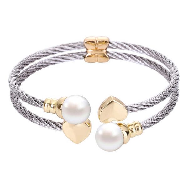 Chran 2 Rangées En Acier Inoxydable Câble Bracelets Bijoux Argent Plaqué Rond Shell Perle Bracelets pour Femmes Q0717