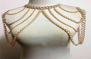 CHRAN Mode Vrouwen Sexy Goud Kleur Body Ketting Chain Charm Multi Layer Faux Parel Schouder Slave Buik Harnas Jewelry1493302