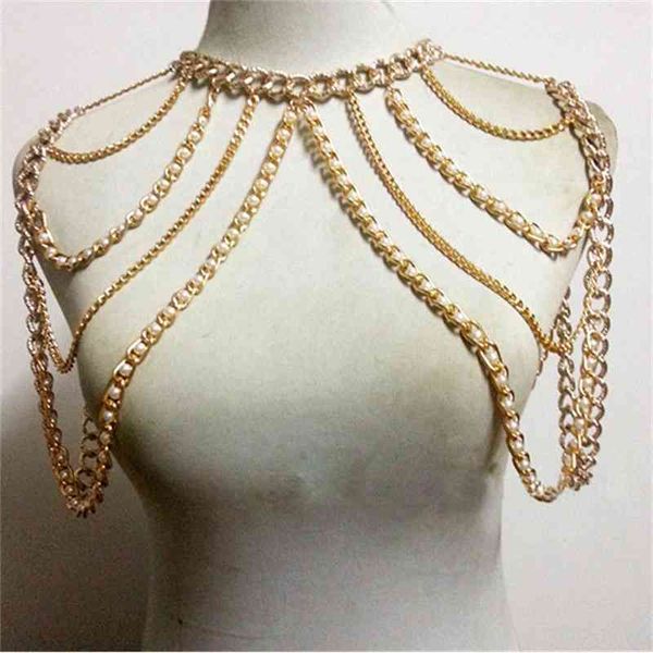 CHRAN Fashion Women Sexy Gold Color Cabklace Charmen Multi capas Faux Pearl Shoulse Slave Belly Belness Jewelry