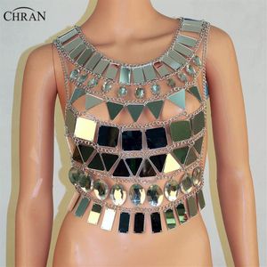 Chran Miroir Perspex Crop Top Chaîne Mail Soutien-Gorge Halter Collier Body Lingerie Métallique Bikini Bijoux Burning Man EDM Accessoires Cha2555