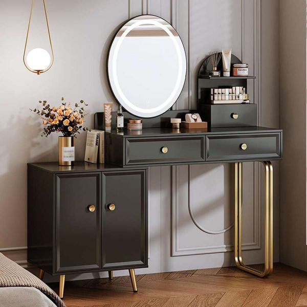 Chrangmay Table noire moderne, maquillage rétractable, miroir LDE et 2 tiroirs spacieux, armoire, coiffeuse avec 3 glissières de tiroir silencieuses, indispensable pour la chambre à coucher