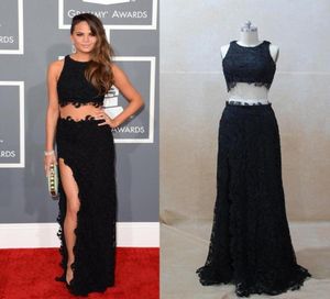 Vestidos de encaje negro de Chrissy Teigen Imágenes reales Premios Grammy Vestidos de concurso de alfombra roja de dos piezas Slit Black Lace Vestina Noche 6220050