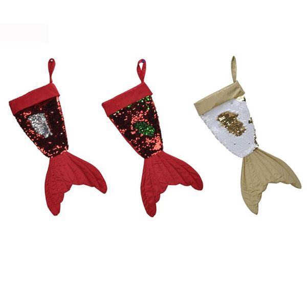 Christams Décorations sirène Christams Bas cadeau Sacs Wrap bling bling Bead Tail flip Chaussettes de Noël Décoration intérieure 3 couleurs 16 pouces 15pcs