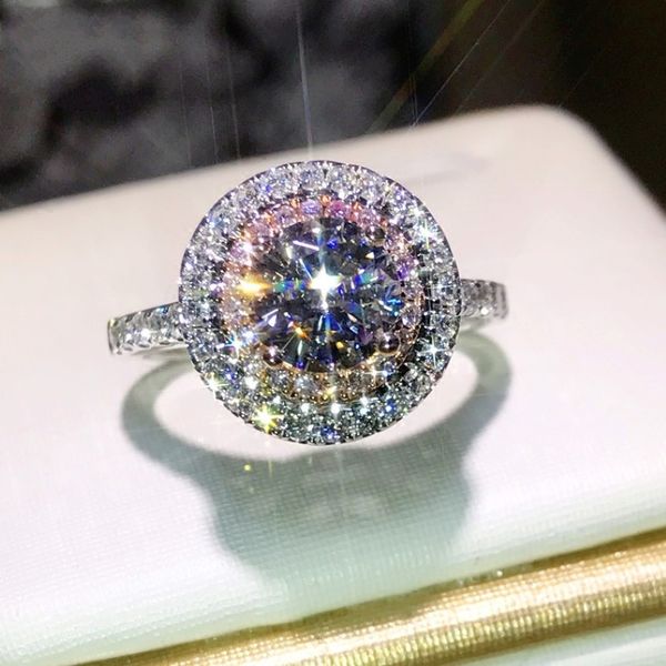 Christams Gift Hot Vale Superbe Luxury Bijoux 925 Couleur en argent sterling Pinkwhite Sapphire CZ Diamond Round Cut Women Women Band Ring 2984