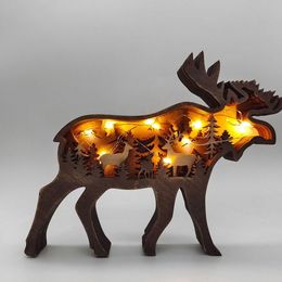 Christams Rendier Bear Craft Sculpture Figurine Laser Cut Wood Home Decor Gift Art Crafts Forest Diertafel Decoratie Beer beelden ornamenten Room Decoreren