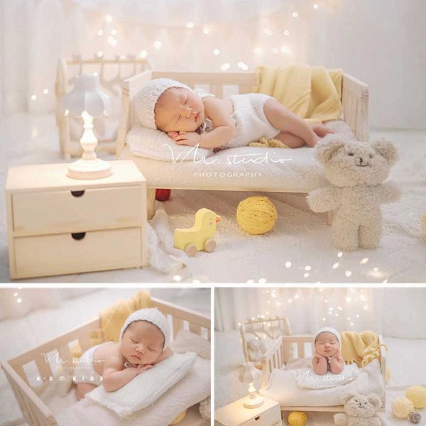 Robes de baptême 2022 Nouveau-né Photographie Props Meubles Lit en bois Table de chevet Bebe Photo Accessoires Recien Bébé Fille Outfit Vêtements Fond T221014