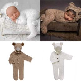 Robes de baptême 2pc / set Nouveau-né Photographie Props Barboteuse Combinaison Crochet Chapeau Laine Bébé Garçon Fille Tenue Bébé Animal Photo Prop T221014