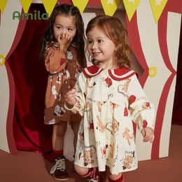 Doopjurken Amila Babyjurk Spring Academische stijl Lange mouwen Aline jurken voor meisjes schattige cartoon print kinderkleding 230203