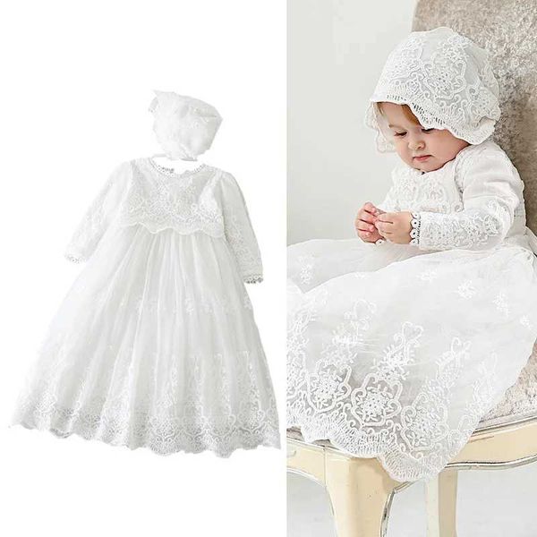 Robes de baptême Bébé robe baptiste blanche pour enfants hiver longue dentelle de Noël moelleux chapeau de Noël fleur fille mariage princesse nouveau-né Q240507