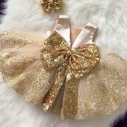 Vestidos de bautizo Big Bow Champagne 1Srt Cumpleaños Vestido Baby Girl Clothing Princess Party Vestido Bautista Tapa de los tanques Baby Top Childrens Q240521